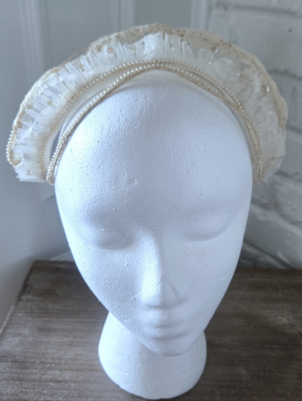 Vtg 50s Cream Lace Tulle Headband, 7/S
